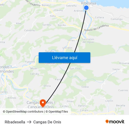 Ribadesella to Cangas De Onís map