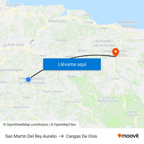 San Martín Del Rey Aurelio to Cangas De Onís map