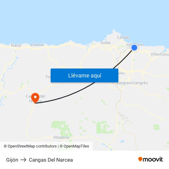 Gijón to Cangas Del Narcea map