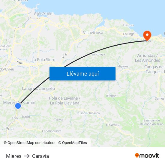 Mieres to Caravia map