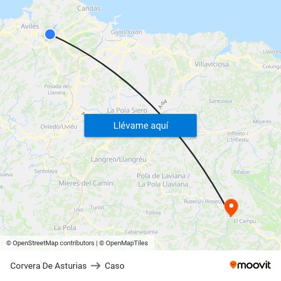 Corvera De Asturias to Caso map