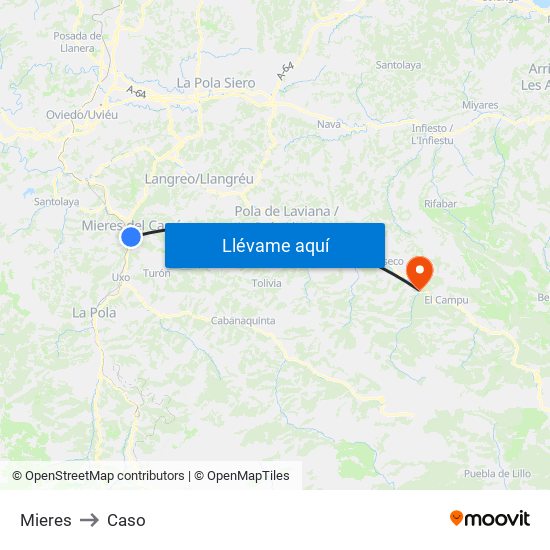 Mieres to Caso map