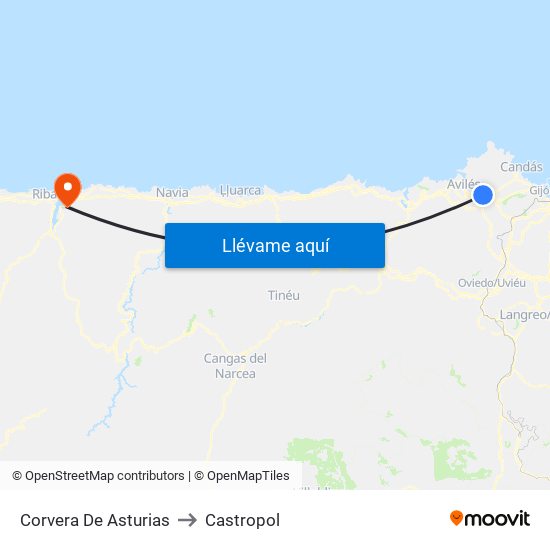 Corvera De Asturias to Castropol map