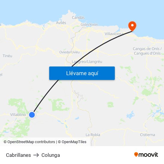Cabrillanes to Colunga map