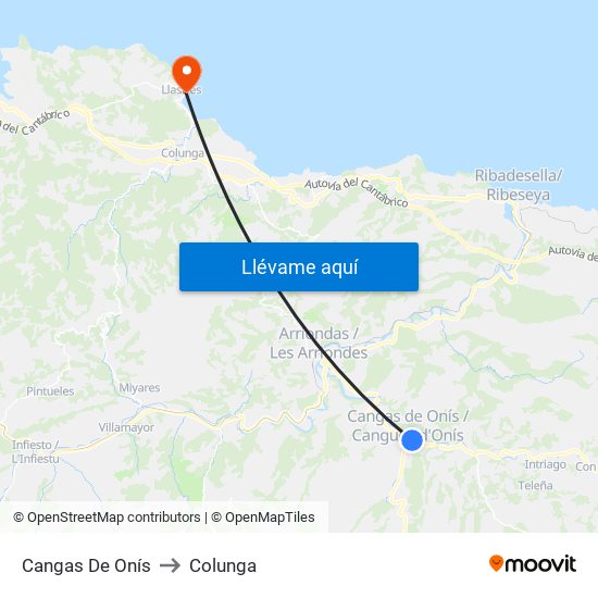Cangas De Onís to Colunga map
