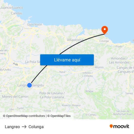 Langreo to Colunga map