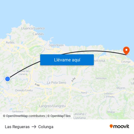 Las Regueras to Colunga map