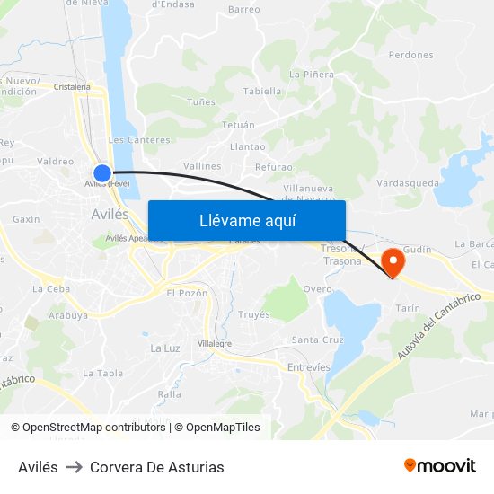 Avilés to Corvera De Asturias map