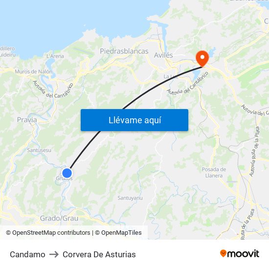 Candamo to Corvera De Asturias map