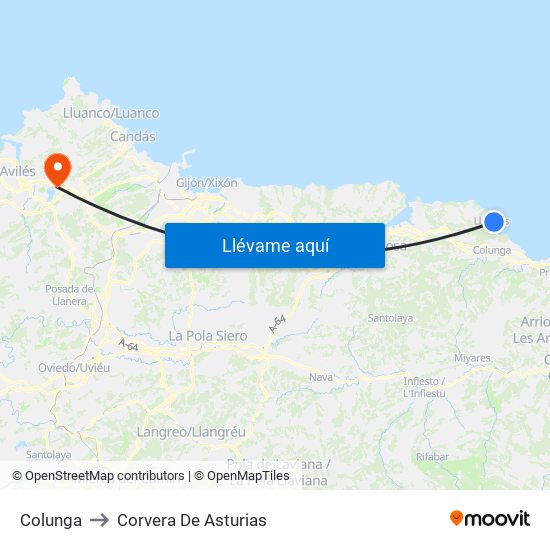 Colunga to Corvera De Asturias map