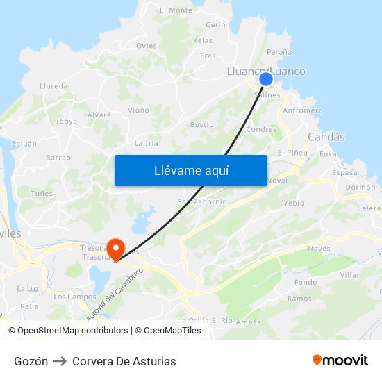 Gozón to Corvera De Asturias map