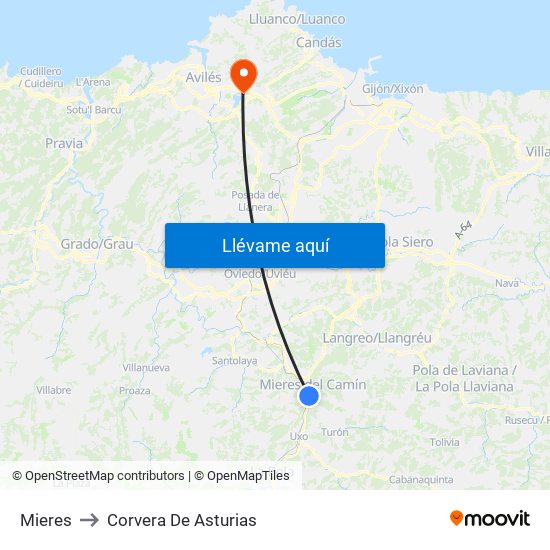 Mieres to Corvera De Asturias map