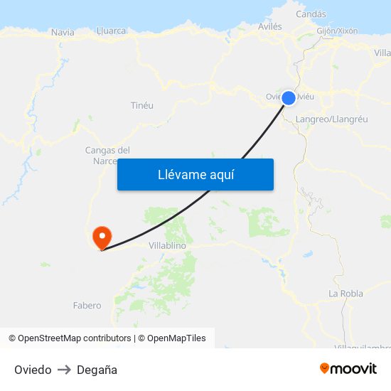 Oviedo to Degaña map