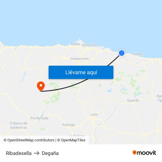 Ribadesella to Degaña map