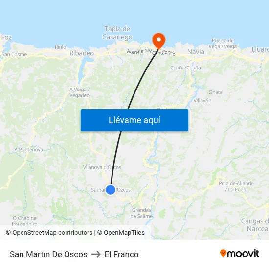 San Martín De Oscos to El Franco map