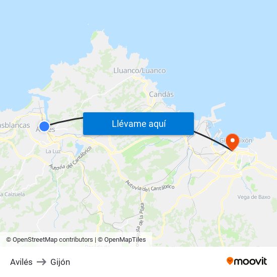 Avilés to Gijón map