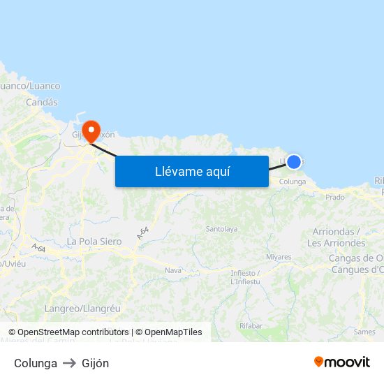 Colunga to Gijón map