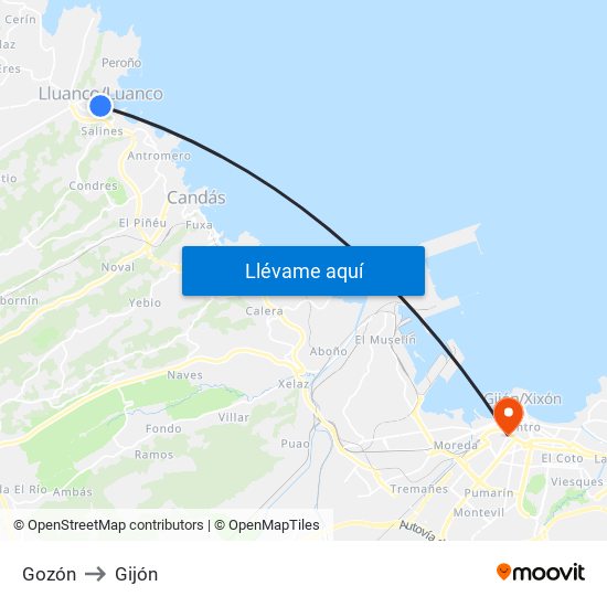 Gozón to Gijón map