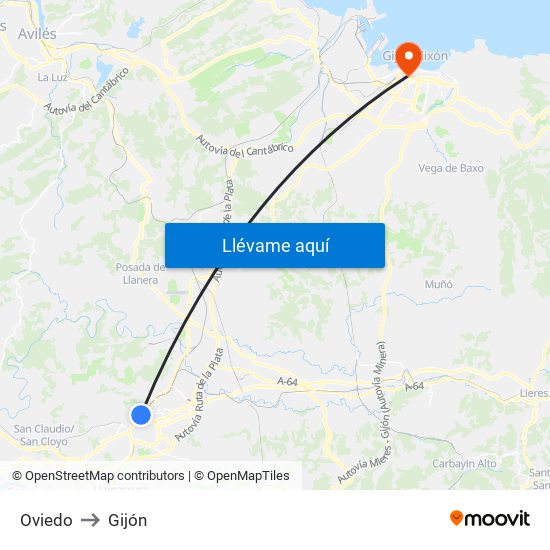 Oviedo to Gijón map