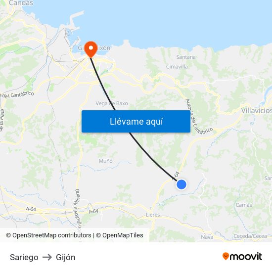 Sariego to Gijón map