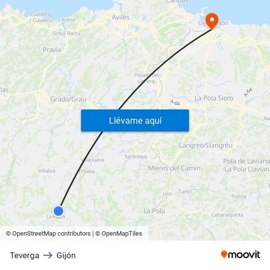 Teverga to Gijón map