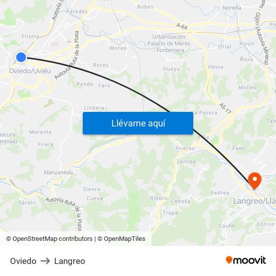 Oviedo to Langreo map