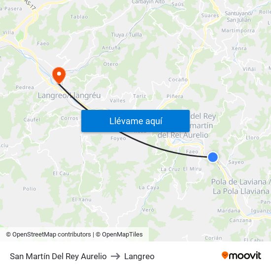 San Martín Del Rey Aurelio to Langreo map