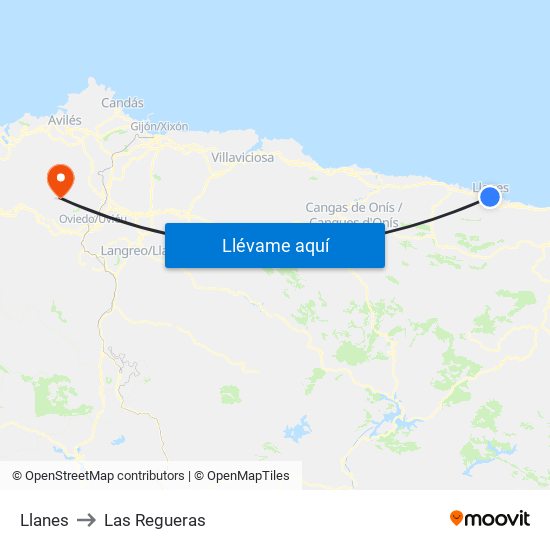 Llanes to Las Regueras map