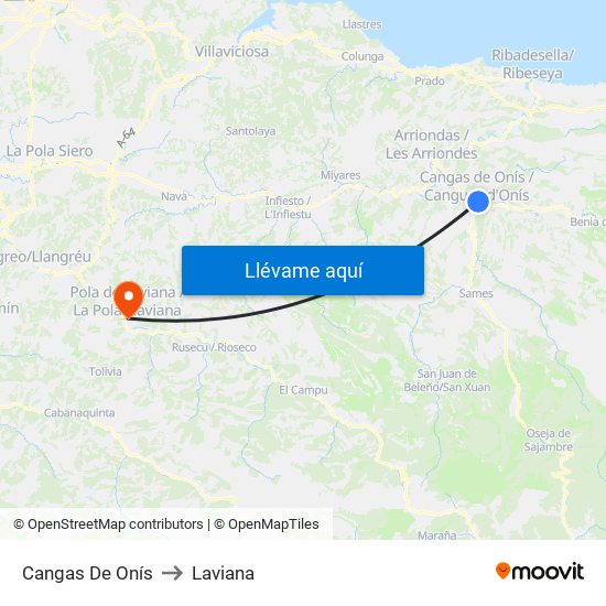 Cangas De Onís to Laviana map
