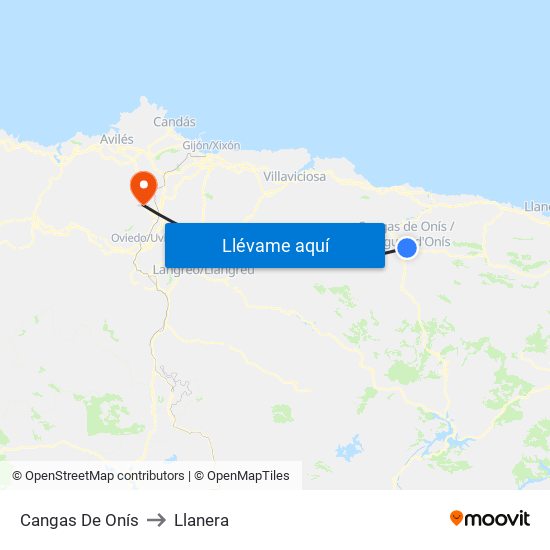 Cangas De Onís to Llanera map