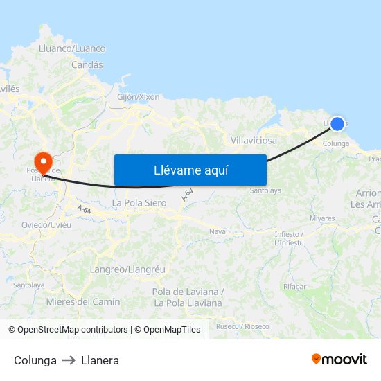 Colunga to Llanera map