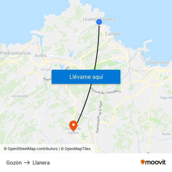Gozón to Llanera map