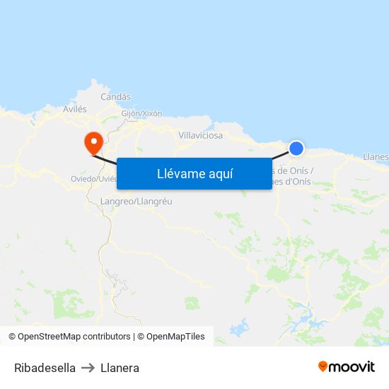 Ribadesella to Llanera map