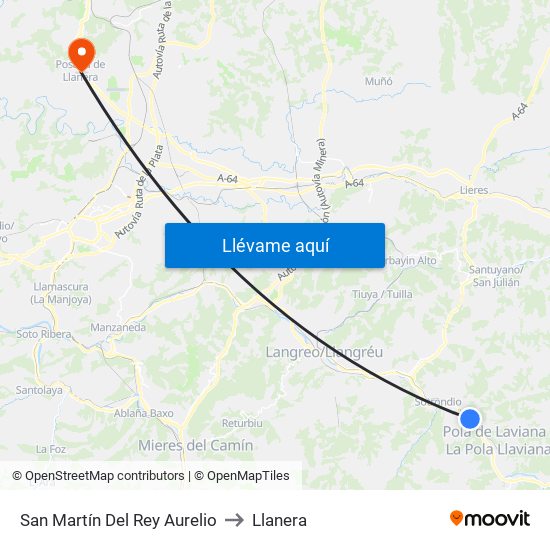 San Martín Del Rey Aurelio to Llanera map