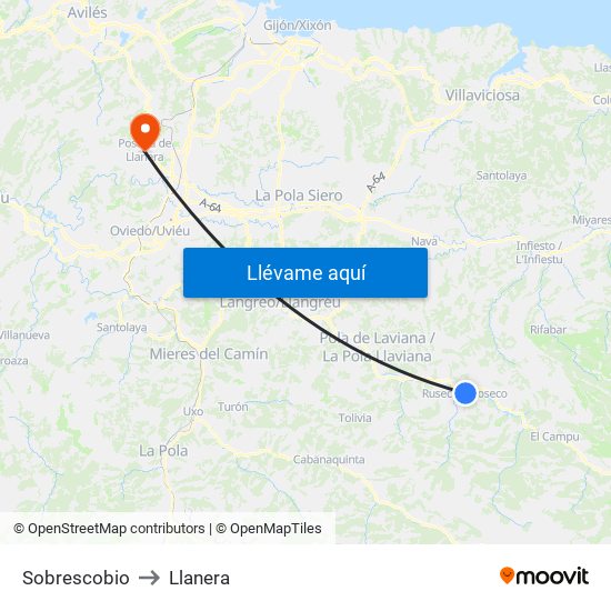 Sobrescobio to Llanera map
