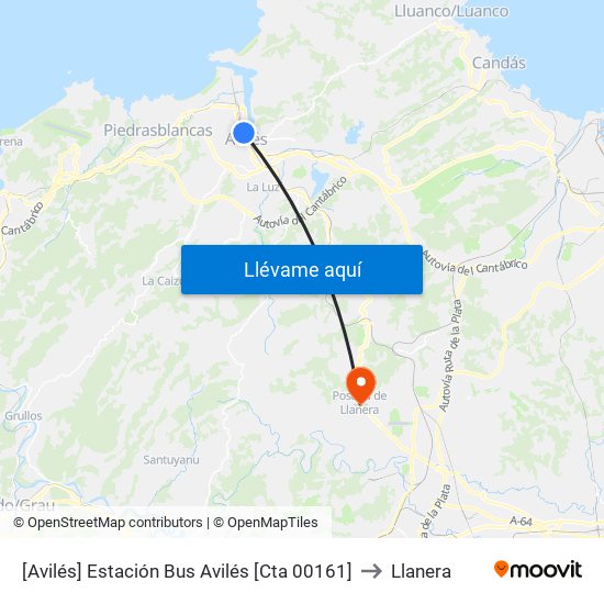 [Avilés]  Estación Bus Avilés [Cta 00161] to Llanera map