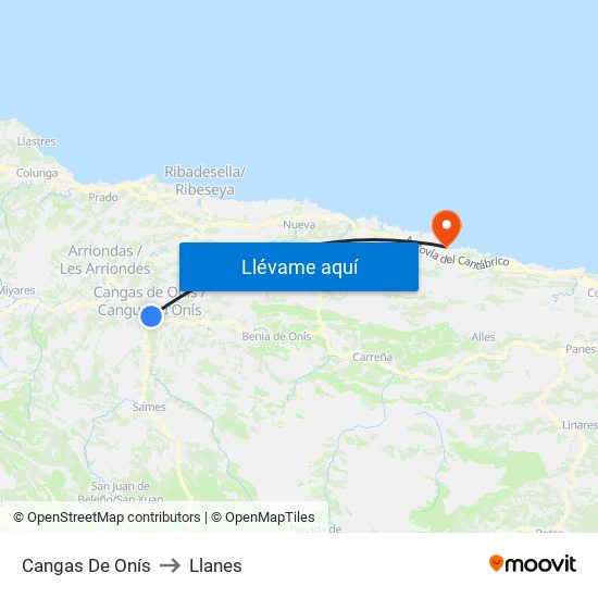 Cangas De Onís to Llanes map