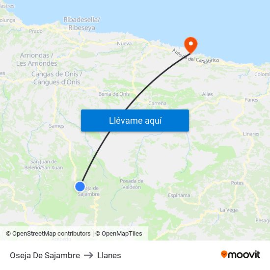 Oseja De Sajambre to Llanes map
