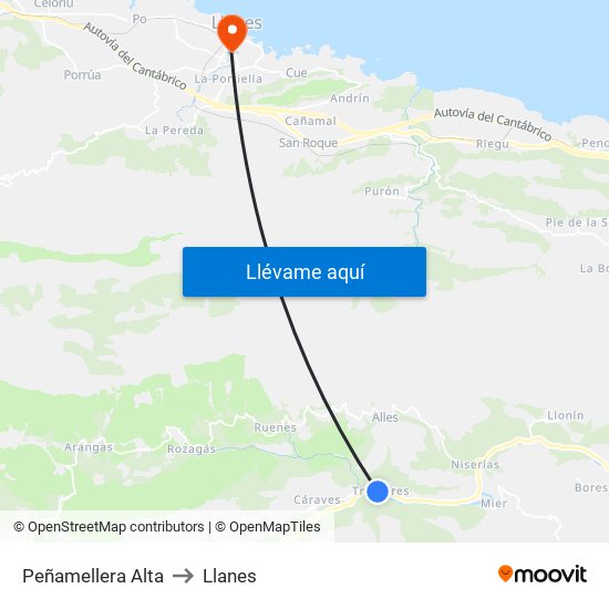 Peñamellera Alta to Llanes map