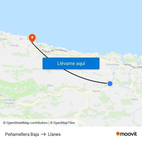 Peñamellera Baja to Llanes map