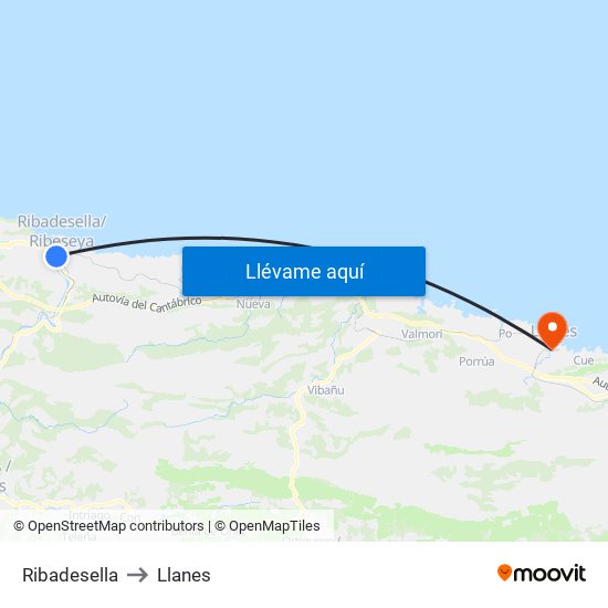 Ribadesella to Llanes map