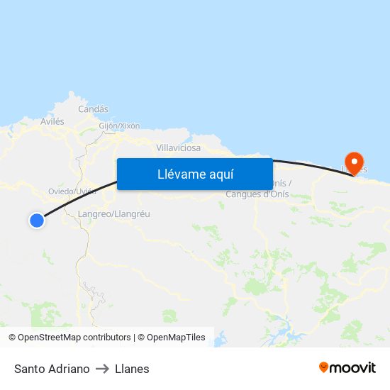 Santo Adriano to Llanes map