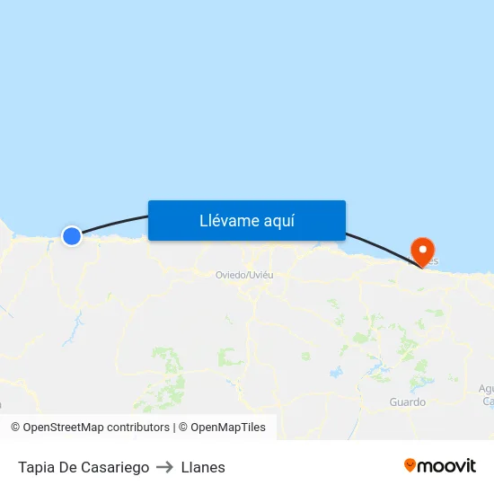 Tapia De Casariego to Llanes map