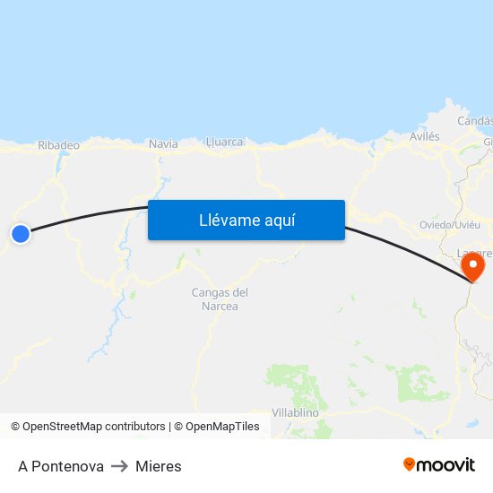 A Pontenova to Mieres map