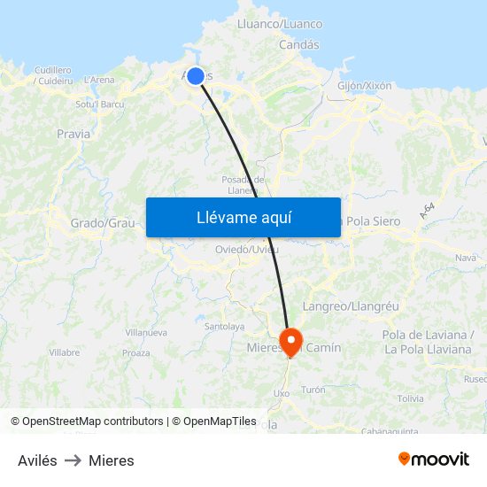 Avilés to Mieres map