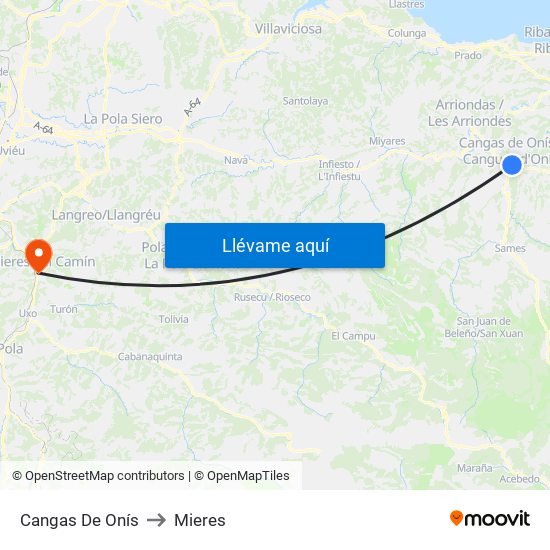 Cangas De Onís to Mieres map