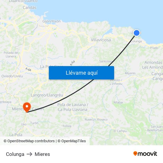 Colunga to Mieres map