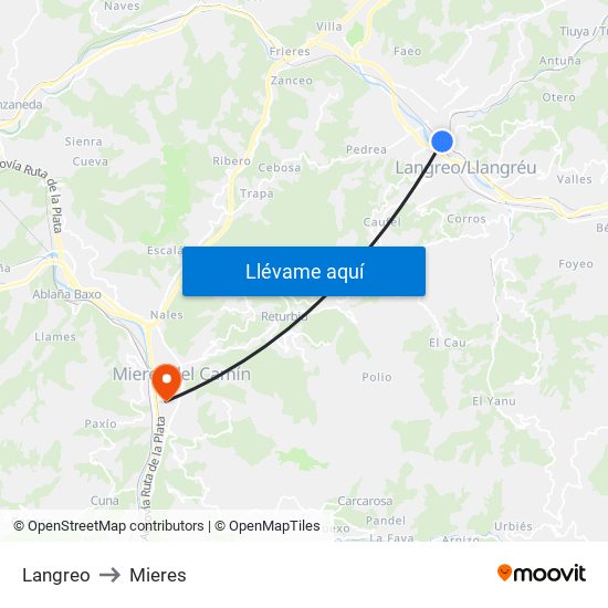 Langreo to Mieres map