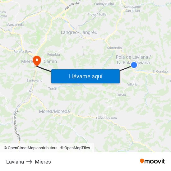 Laviana to Mieres map