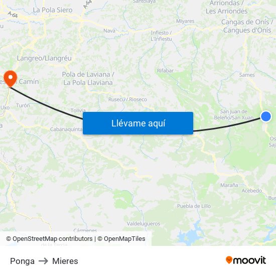 Ponga to Mieres map